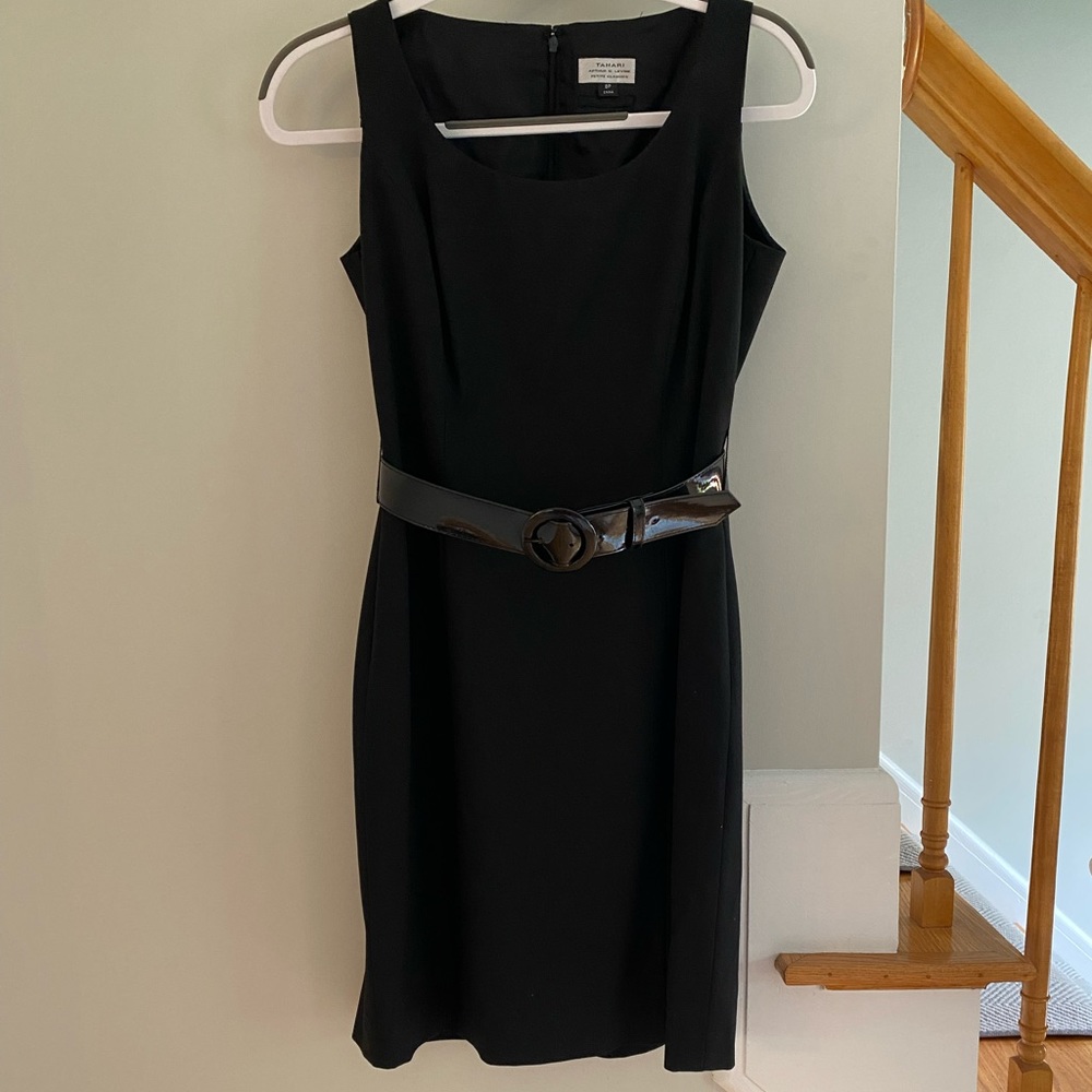 Women’s Black Tahari Dress size 8P with Black patten leather belt. Belt is a 6P